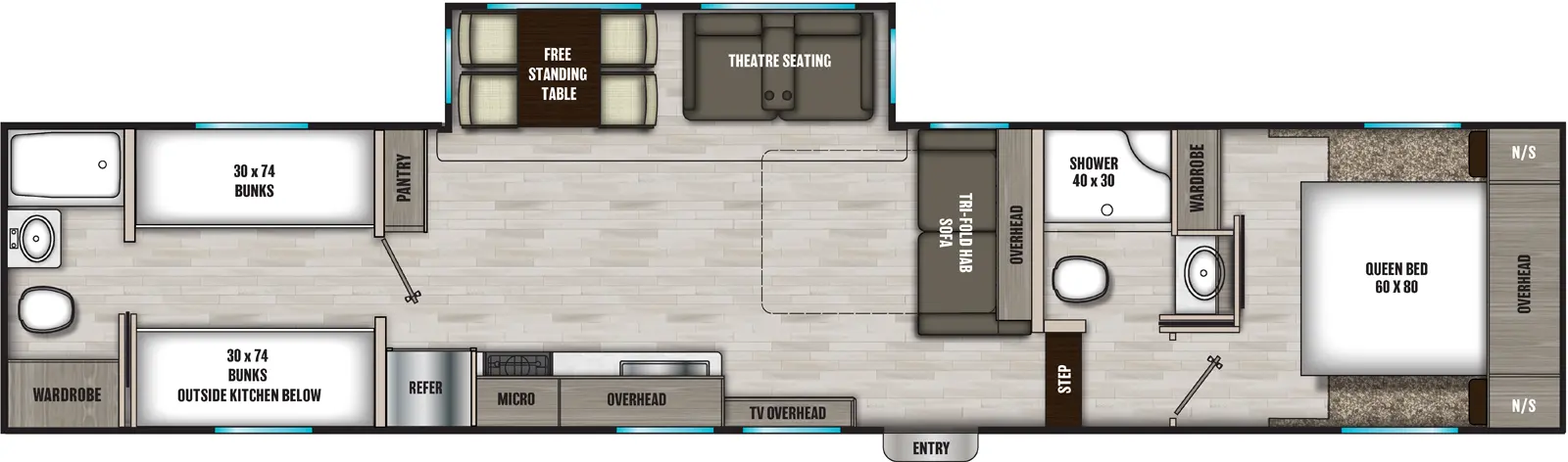 The 368TBH has one slideout and one entry. Exterior features an outside kitchen. Interior layout front to back: foot-facing queen bed with overhead cabinet, night stands on each side, and off-door side wardrobe; off-door side full bathroom; steps down to main living area and entry; tri-fold sofa with overhead cabinet along inner wall; off-door side slideout with theater seating, and free-standing dinette; door side overhead cabinet with TV, kitchen counter with sink, microwave, cooktop, and refrigerator; off-door side pantry; rear bunk room with opposing bunk beds, and rear full bathroom with wardrobe.